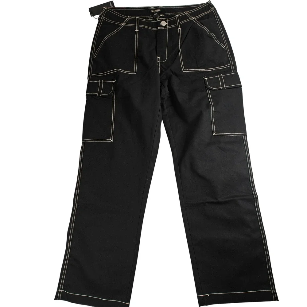 NWT 33 True Religion Mens Bobby Baggy Cargo Pant Jet Black WhiteStitch 700248N30